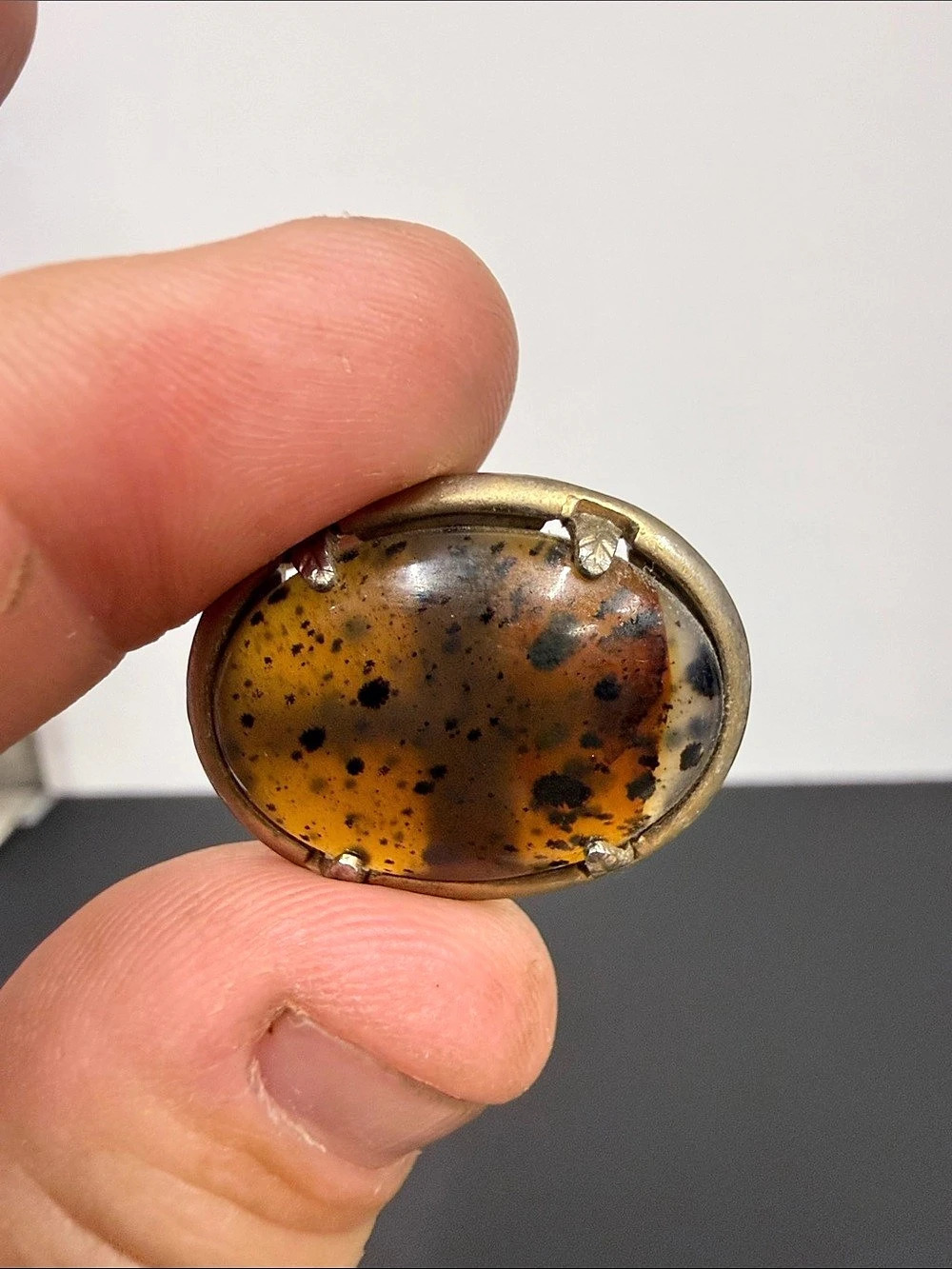 Antique Oval Dendritic Moss Agate Cabochon Brooch Open Back Prong Set